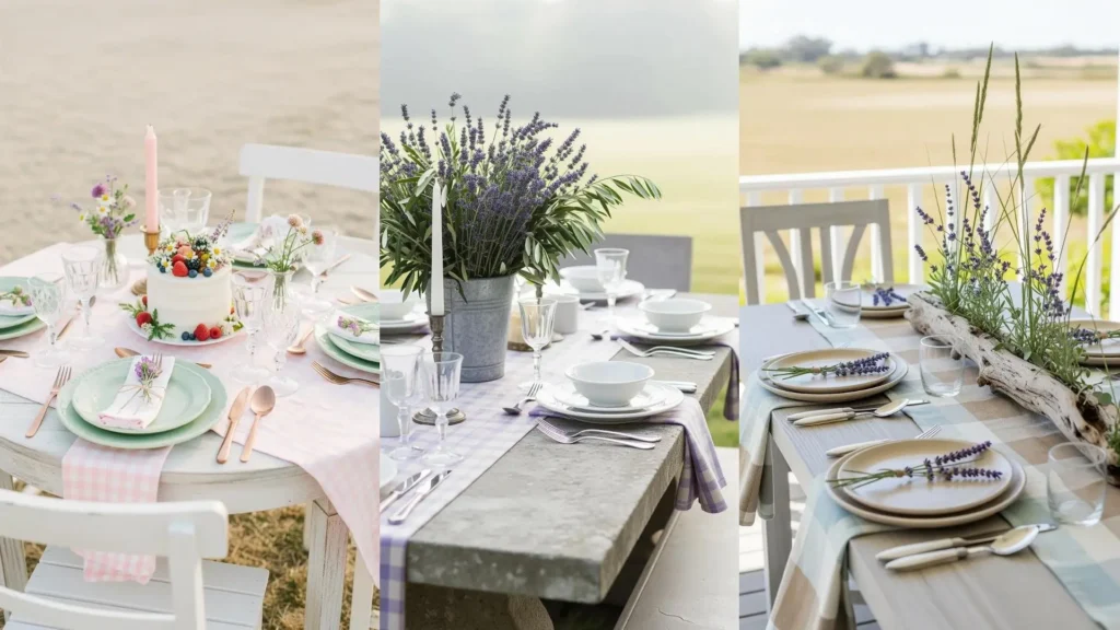 Diverse tavole di compleanno rustiche con tovaglie a quadri, piatti in ceramica e bouquet di fiori di campo.