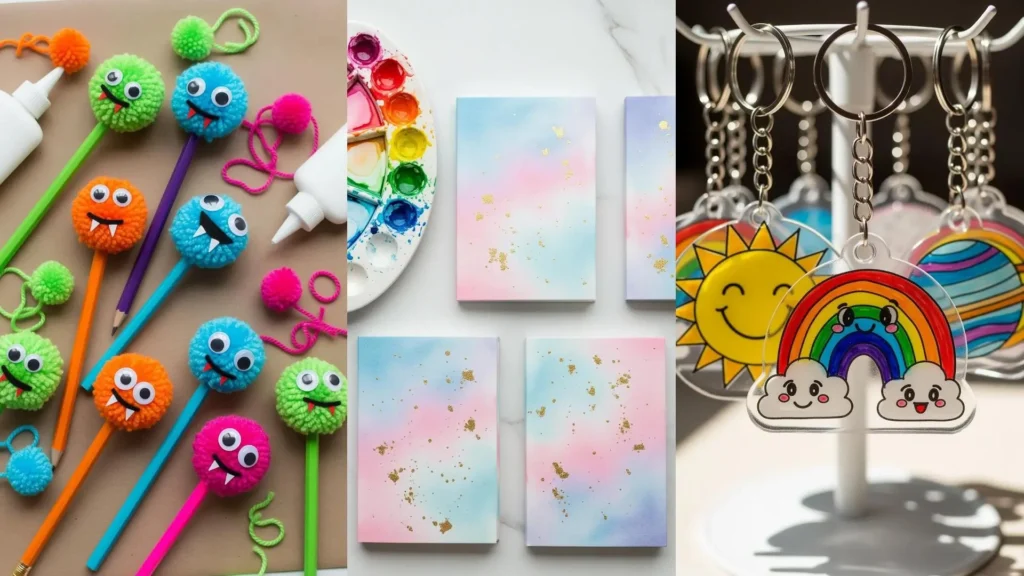 Favori per feste scolastiche: matite decorate con mostri pompon, quaderni personalizzati acquerellati e portachiavi artigianali.