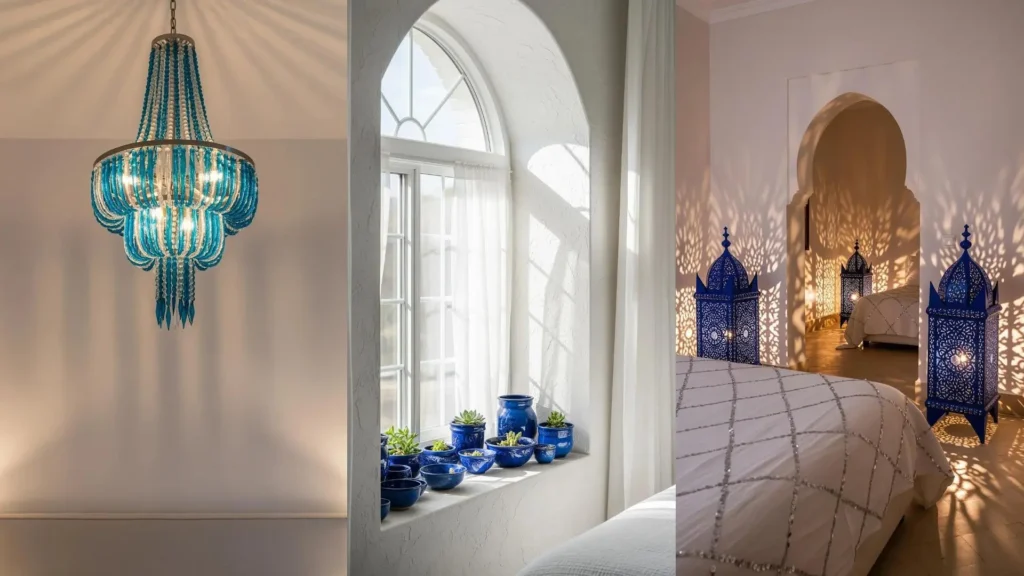 Ispirazioni per una camera da letto mediterranea: pareti bianche luminose, dettagli in ceramica blu e lanterne decorative.