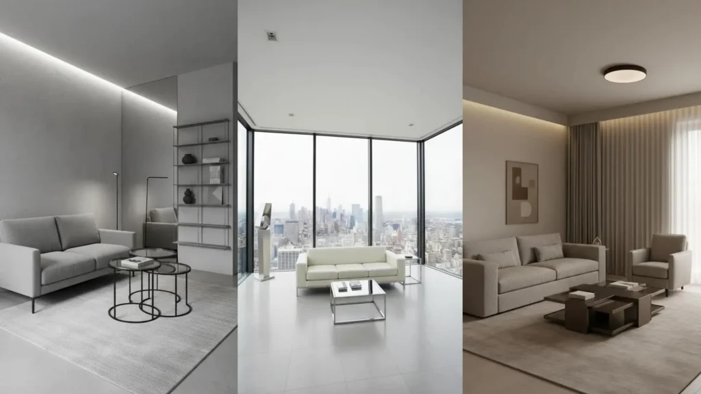 Immagine di tre salotti minimalisti moderni con arredamento essenziale, palette monocromatica e linee geometriche pulite.