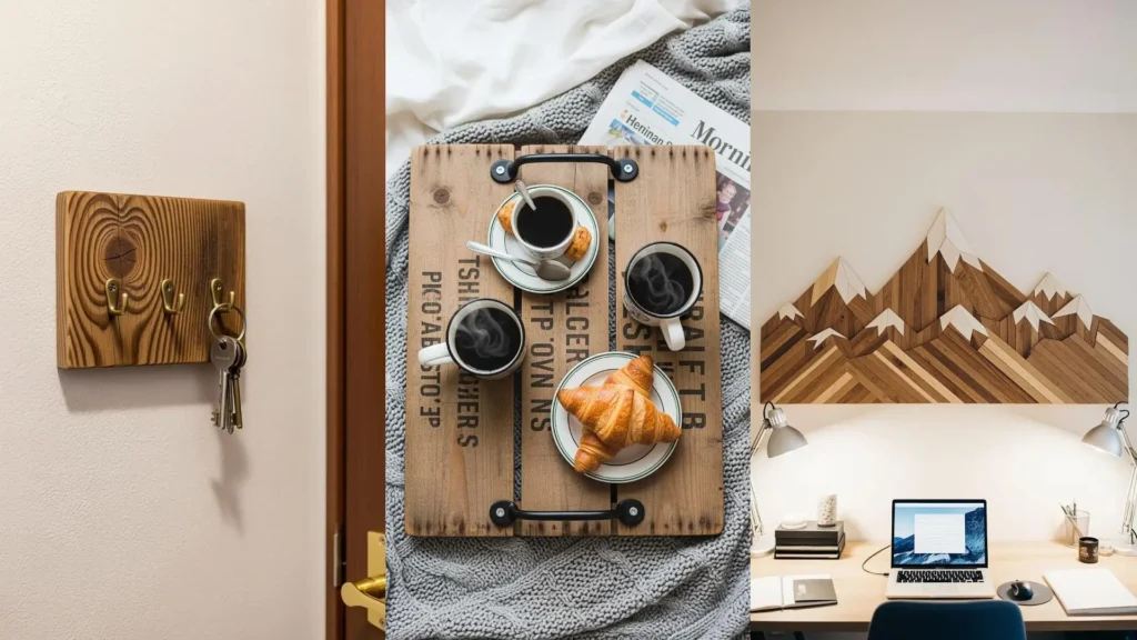 Varie decorazioni in legno di recupero, tra cui un portachiavi, un vassoio per colazione e un'opera d'arte murale, che creano un'atmosfera rustica.