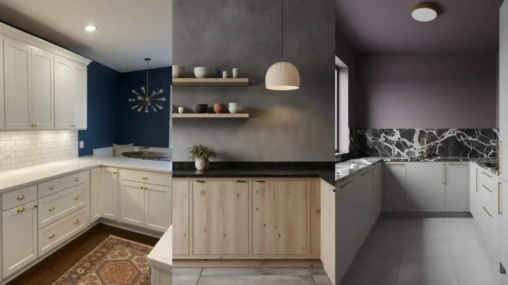 Tre cucine moderne con pareti scure, mobili chiari e raffinati dettagli metallici dorati per un design audace.