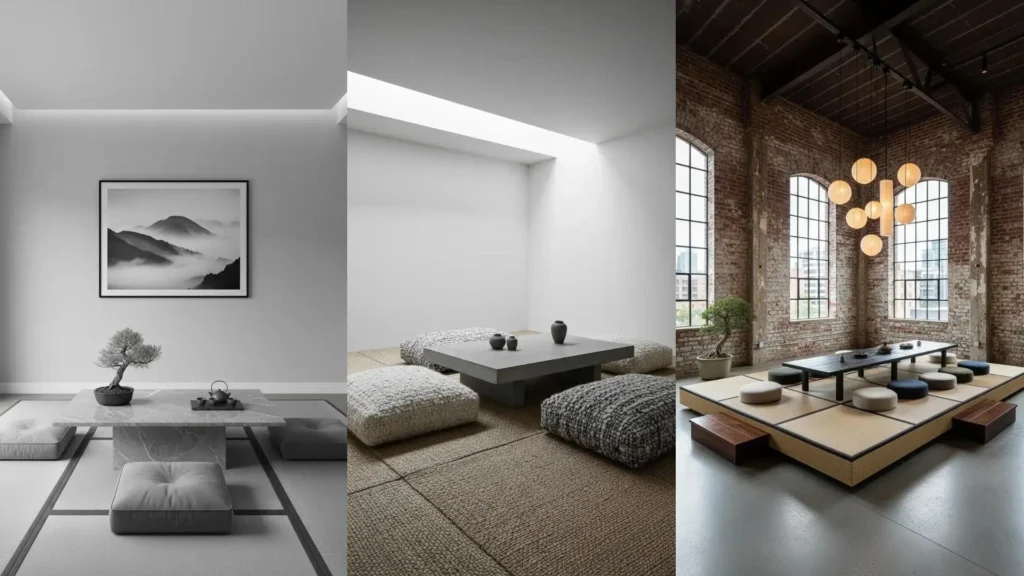 Immagine composita: salotti zen con tatami, tavolini bassi e palette neutre, ideali per la calma quotidiana e il relax.