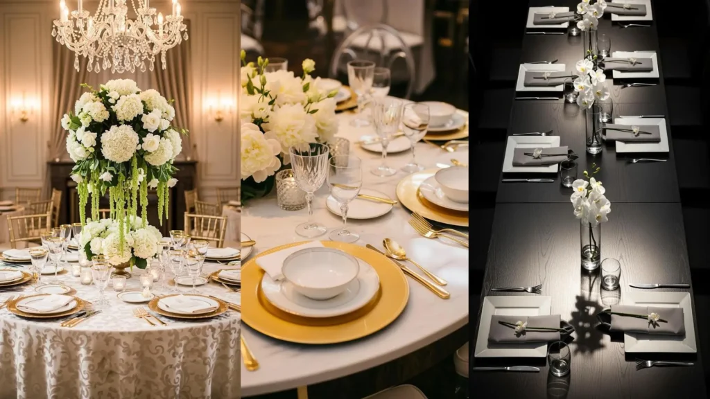 Tavole raffinate per cene aziendali con toni neutri, fiori freschi bianchi e luce soffusa. Perfetto per eventi eleganti.