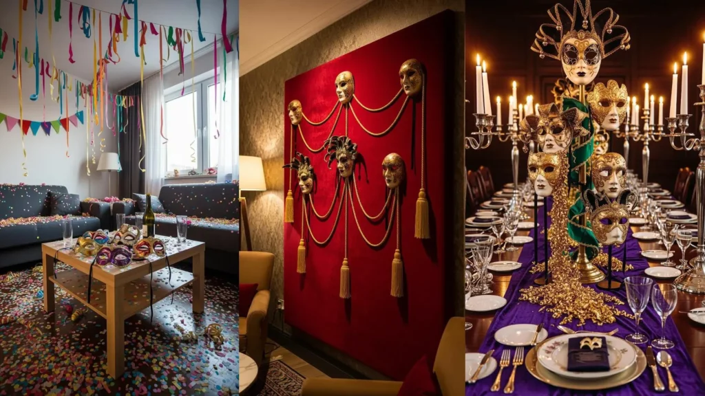 Maschere veneziane colorate e coriandoli festosi in un'atmosfera di allegria carnevalesca. Decorazioni vibranti per la festa.