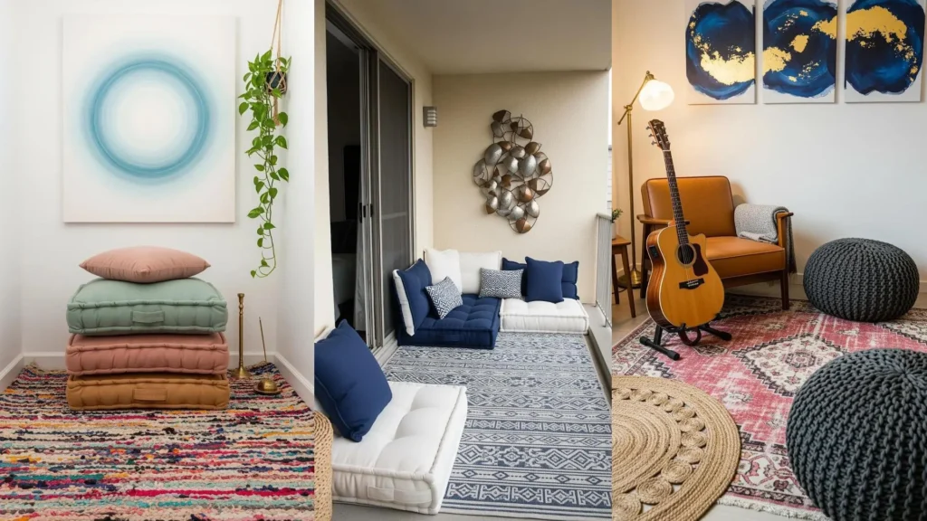 Vari nidi bohemien con tappeti etnici vivaci, cuscini XXL morbidi e quadri astratti. Comfort e stile per la casa.