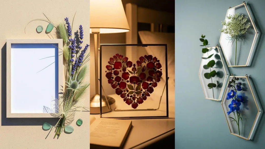 Vari quadri con fiori secchi e cornici trasparenti, tra cui lavanda, rose e altre piante decorative per la casa.