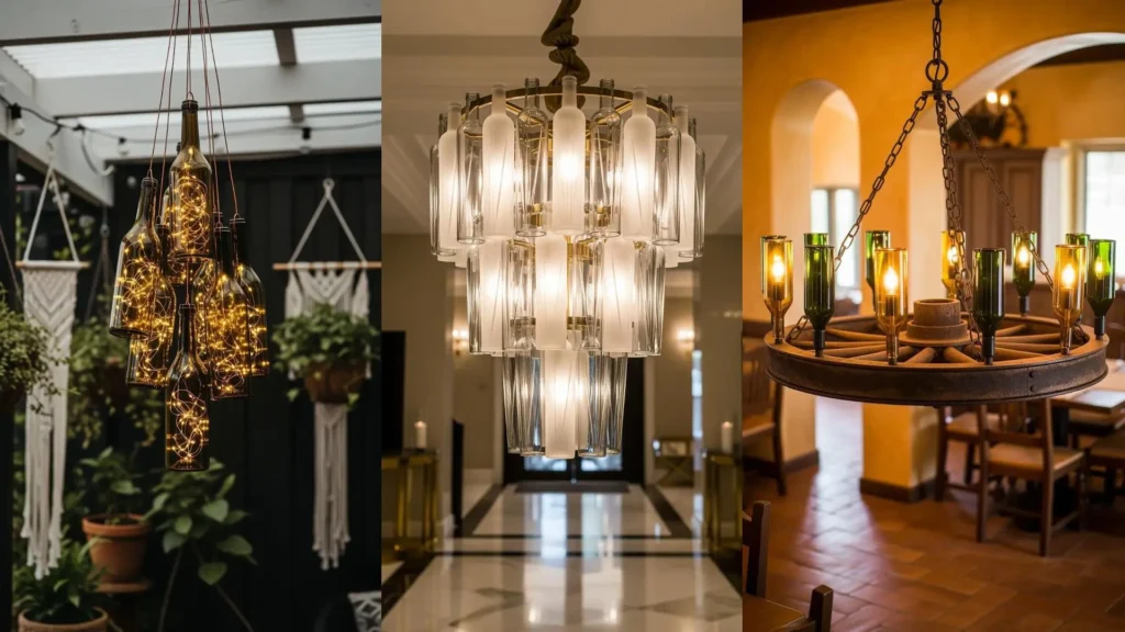Tre eleganti lampadari sospesi creati da bottiglie di vino riciclate illuminano diversi ambienti, dal giardino al ristorante.