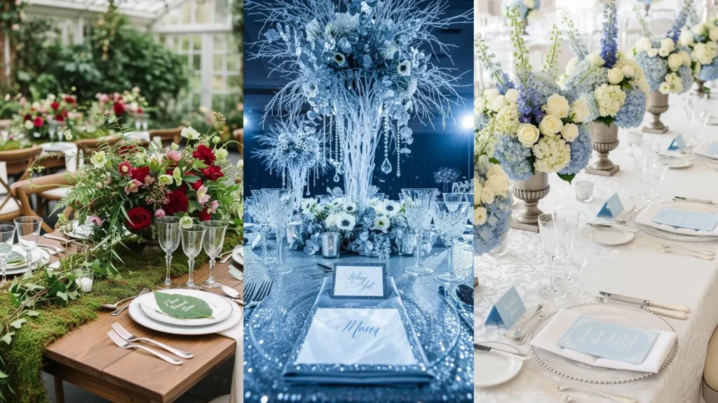 Tavoli eleganti per cena di gala con bicchieri di cristallo, segnaposto calligrafati e scenografici centrotavola floreali.