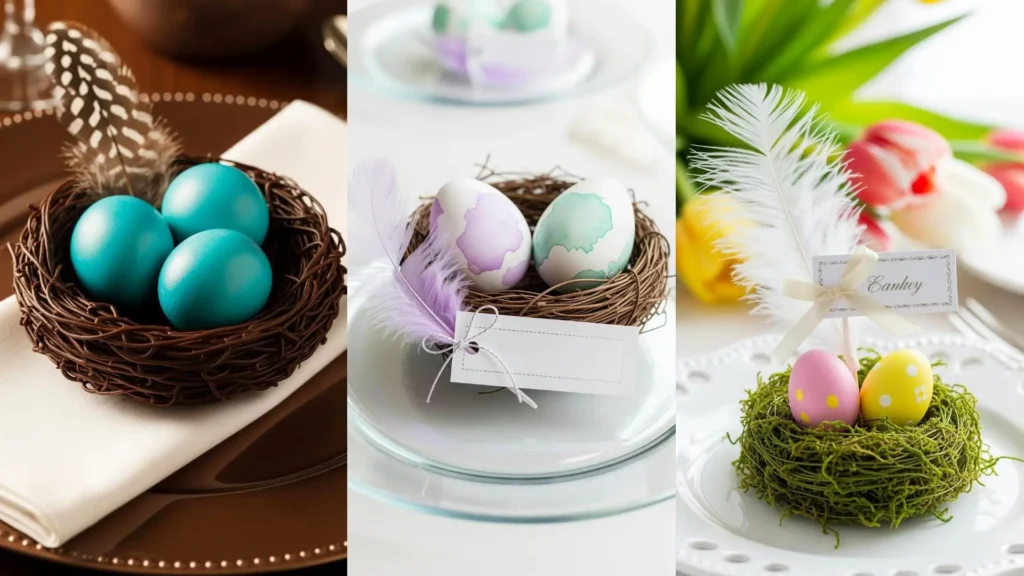 Tre segnaposto pasquali con piume, nidi intrecciati e uova colorate e dipinte a mano su una tavola festiva.