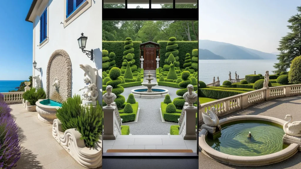 Verande eleganti con statue classiche, siepi scolpite e fontane scenografiche, ideali per ingressi.