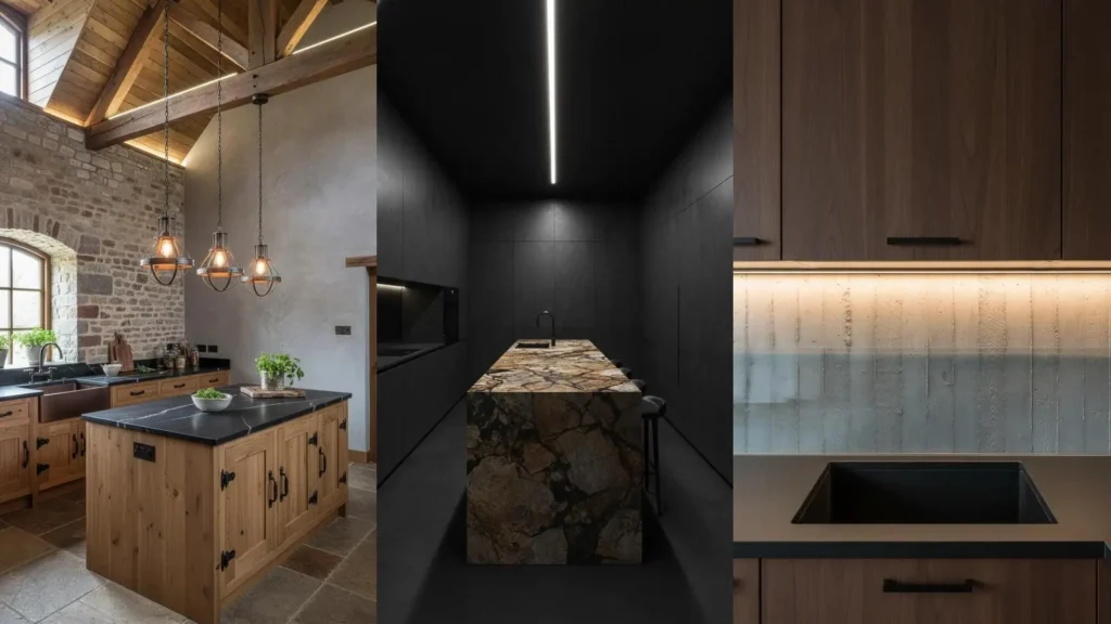 Tre esempi di cucine contemporanee con LED nascosti sotto i pensili e travi, e pareti con finiture effetto cemento.