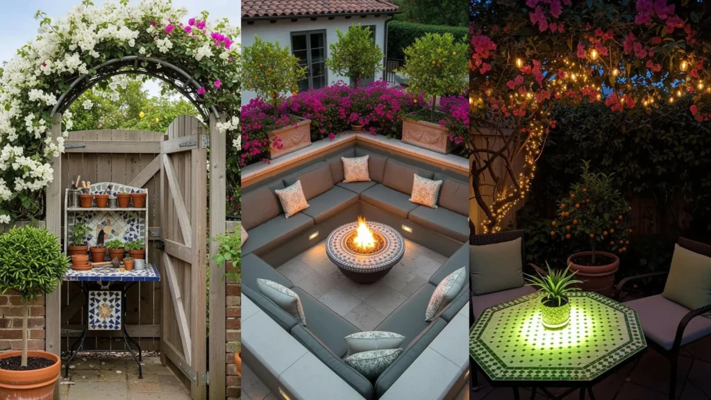 Giardini mediterranei con bouganville colorate, agrumi e tavoli in mosaico per una zona relax all'aperto.