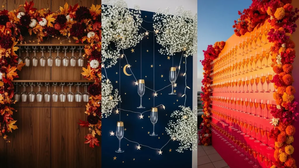 Tre pareti prosecco decorate con fiori freschi, luci scintillanti e calici sospesi per feste e eventi.