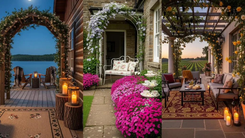 Verande romantiche con archi fioriti, tappeti e candele profumate, perfette per incontri intimi. Scene serali con vista lago o vigneto.