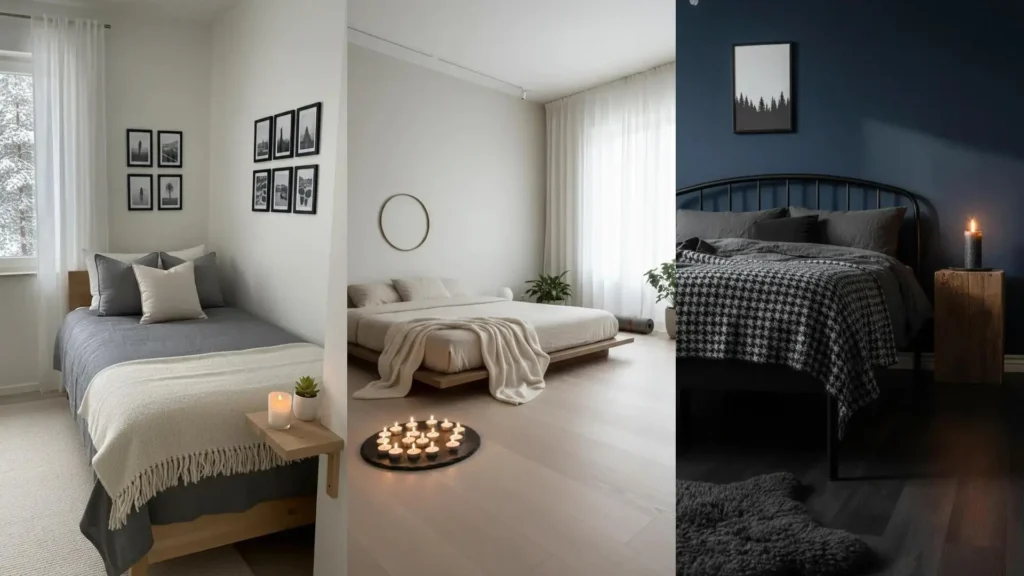 Tre camere in stile scandinavo con letti accoglienti, coperte intrecciate e la calda luce di alcune candele accese.