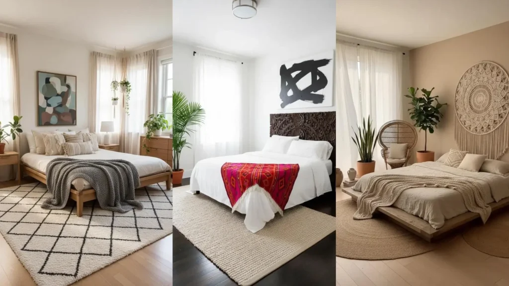 Spazi boho chic: camere da letto con tessuti naturali e luci morbide per un'atmosfera rilassante.