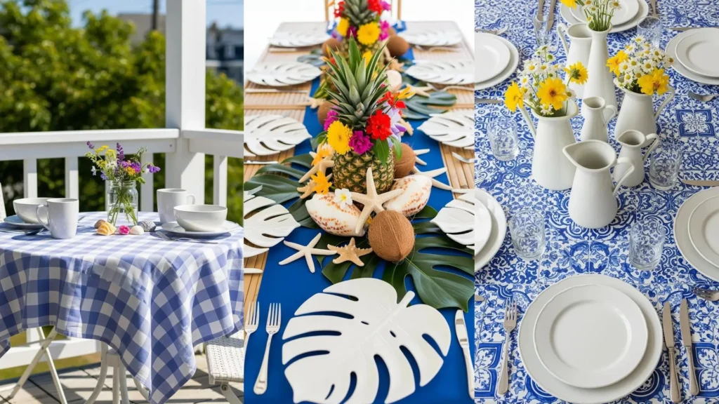 Tavole a tema marino con tovaglie blu, ceramica bianca e conchiglie decorative, perfette per l'estate.