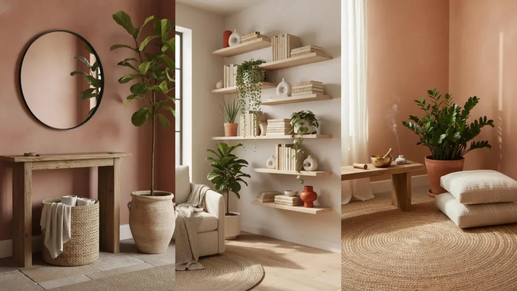 Accogliente atelier terracotta: pareti calde, piante verdi, tessuti naturali. Dettagli come mensole in legno e cestini intrecciati.