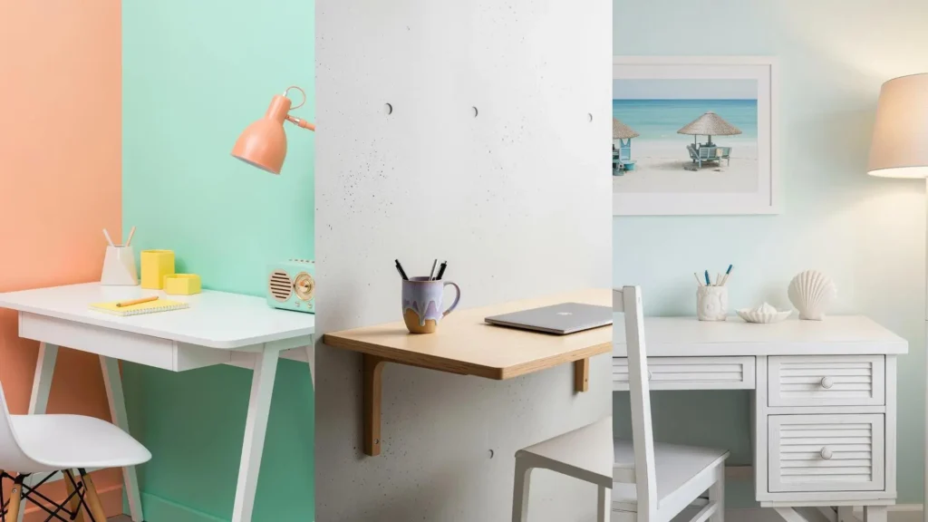 Diverse postazioni studio con scrivanie retro in toni pastello e delicati accessori ceramici, ideali per ispirare la creatività.