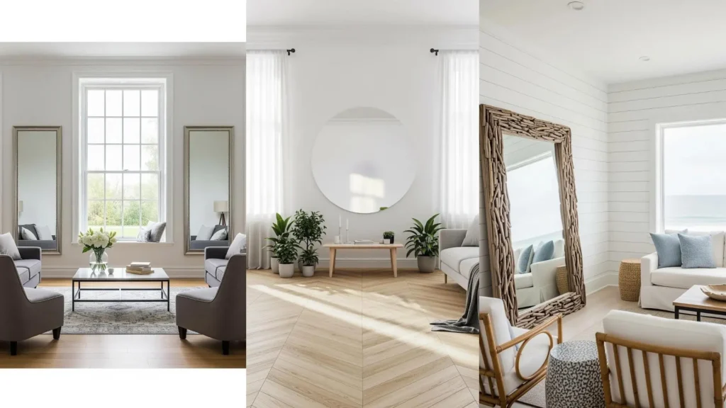 Tre salotti moderni con grandi specchi decorativi che riflettono la luce naturale, ampliando visivamente lo spazio abitativo.