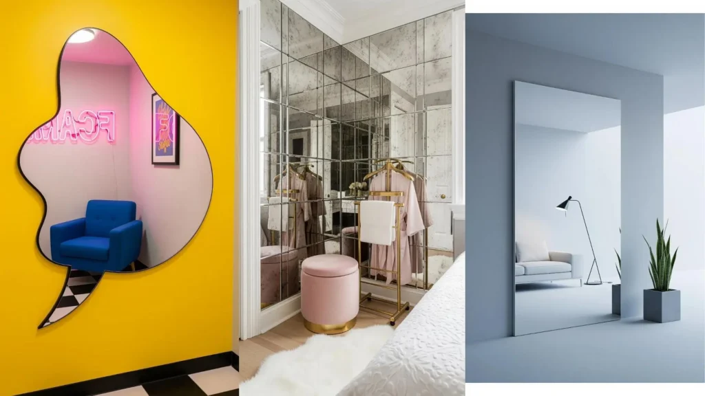 Tre angoli con grandi specchi che moltiplicano lo spazio: design moderno, classico e minimalista per ingrandire ogni ambiente.