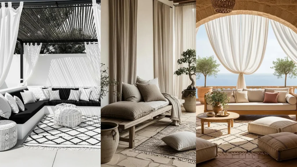 Patio boho elegante con tende bianche, tappeti marocchini e cuscini oversize, creando un'atmosfera da sogno.