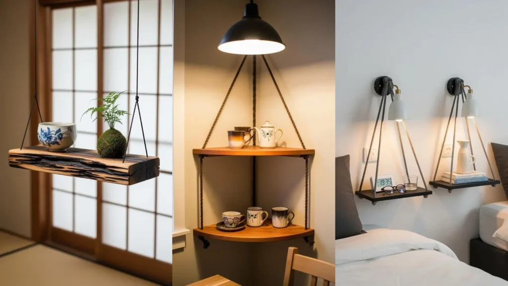 Diverse mensole sospese in corda per piccoli spazi moderni, mostrano come ottimizzare angoli e comodini con stile.