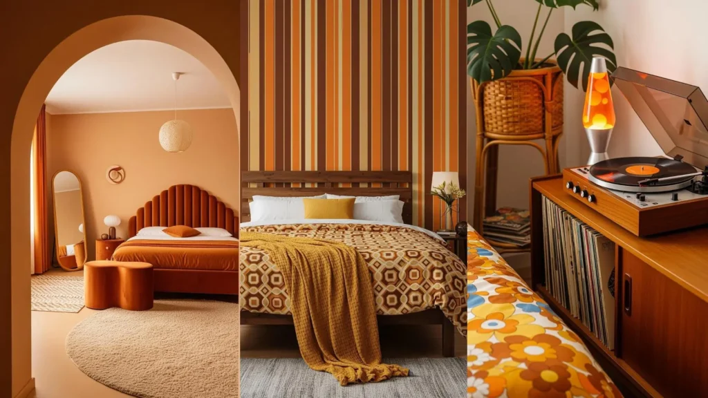 Collage di camere da letto vintage anni '70 con palette calde, motivi geometrici, giradischi e lampada lava.