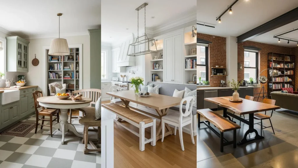 Cucine familiari moderne con grandi tavoli in legno, panche comode e angoli lettura attrezzati con librerie.