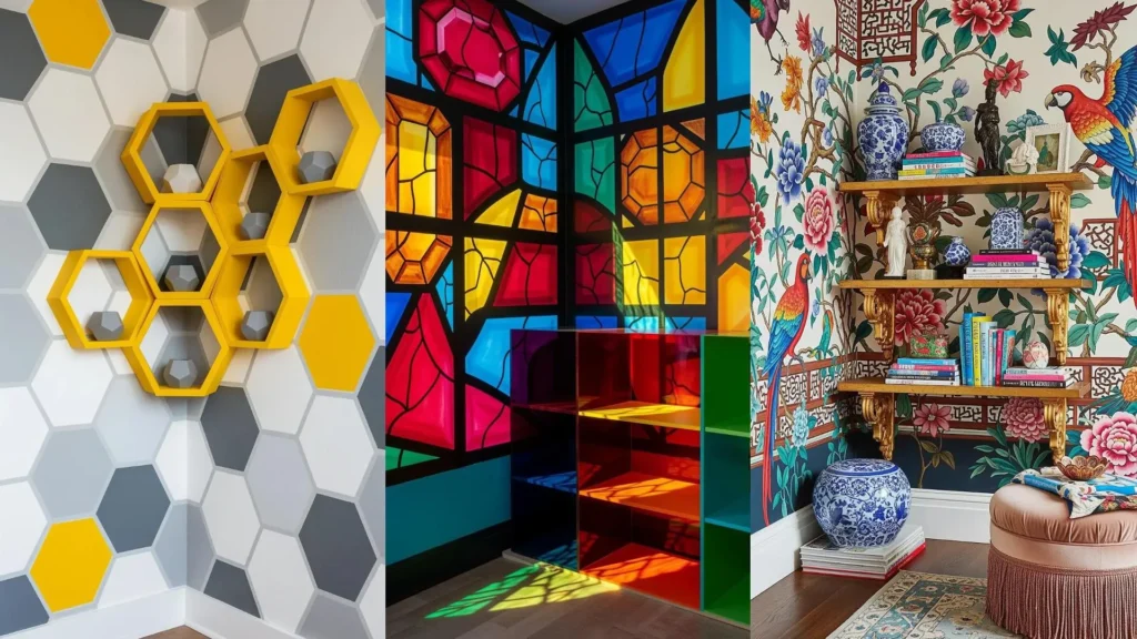 Una galleria di angoli artistici con murales dipinti a mano e scaffalature scenografiche, dai design geometrici ai motivi floreali.