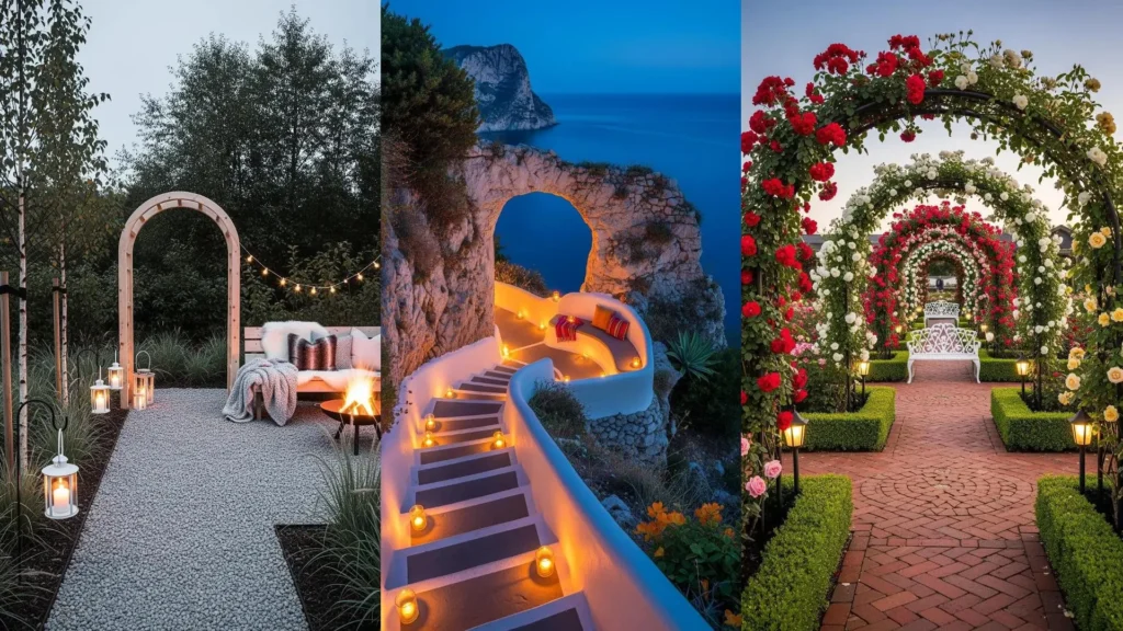Romantico viale illuminato con archi fioriti e panchine nascoste per due, creando un'atmosfera magica e accogliente.