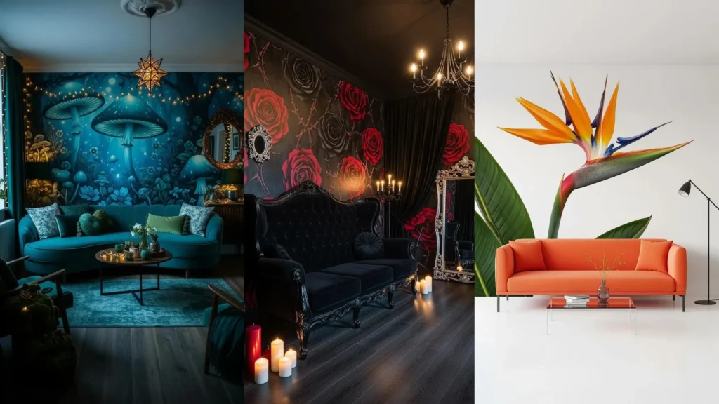 Soggiorni di design con carta da parati floreale oversize e divani dai colori audaci, perfetti per l'arredamento moderno.