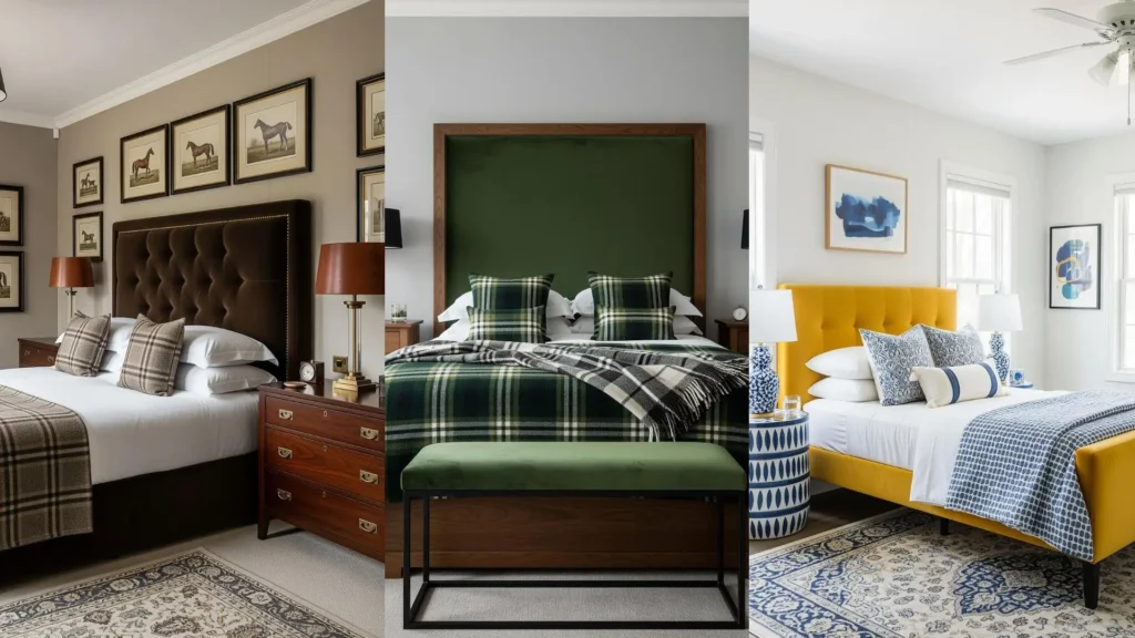 Tre camere raffinate con lussuose testiere imbottite in velluto marrone, verde e giallo per idee di arredo.