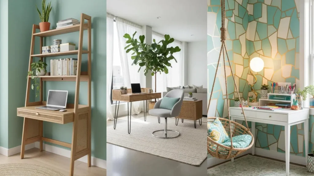 Work corner tropicali moderni con mobili in rattan e palette verde acqua. Include scrivanie, mensole e una sedia sospesa.