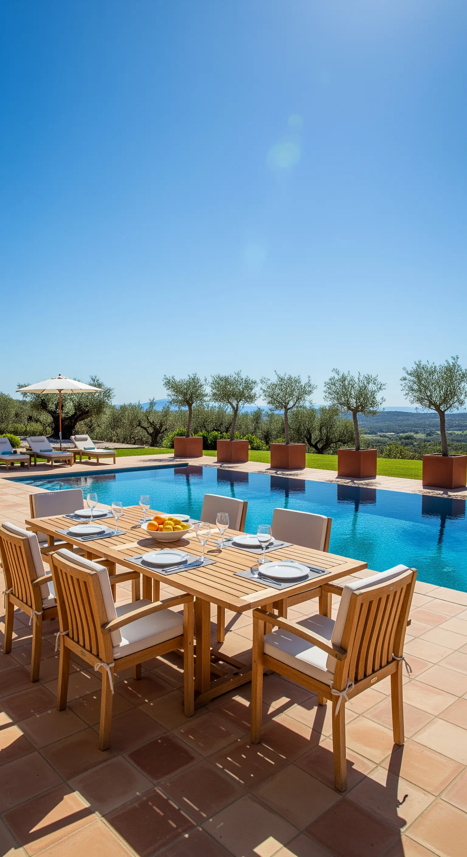 Tavolo da pranzo in teak a bordo piscina con ulivi in vaso e lettini sullo sfondo.