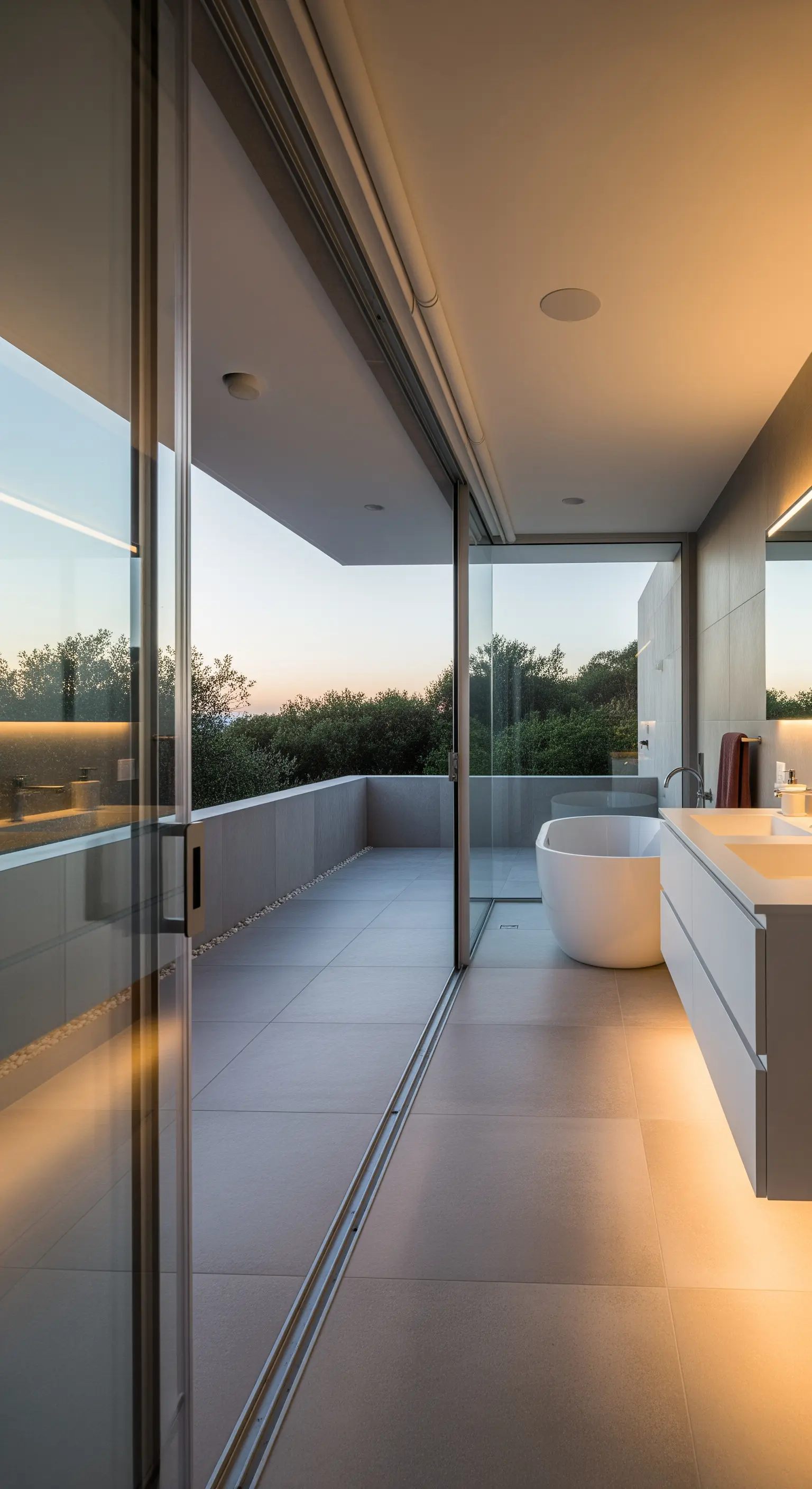 Bagno moderno con grande porta a vetri scorrevole che si apre su un balcone esterno.