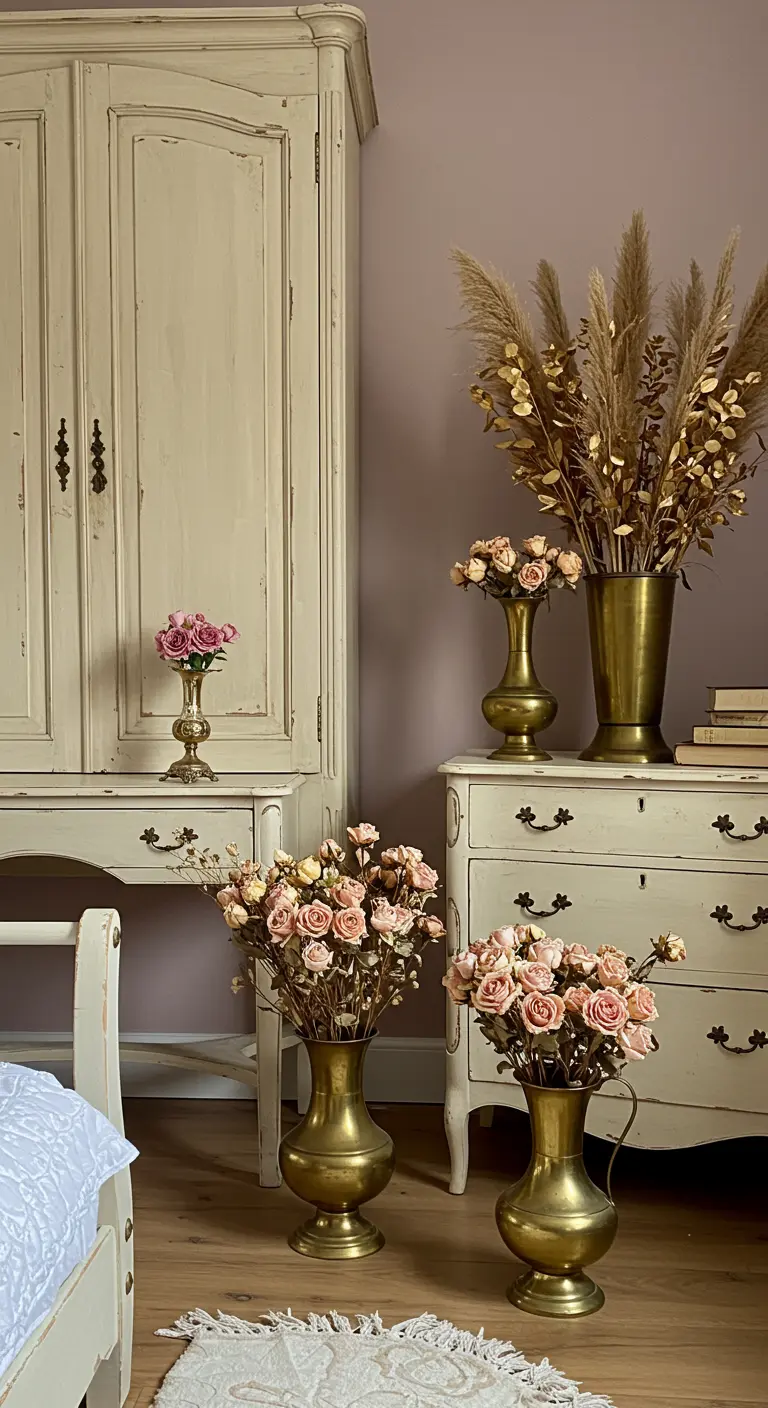 Mobili decapati color crema con vasi in ottone contenenti rose secche e rami dorati.