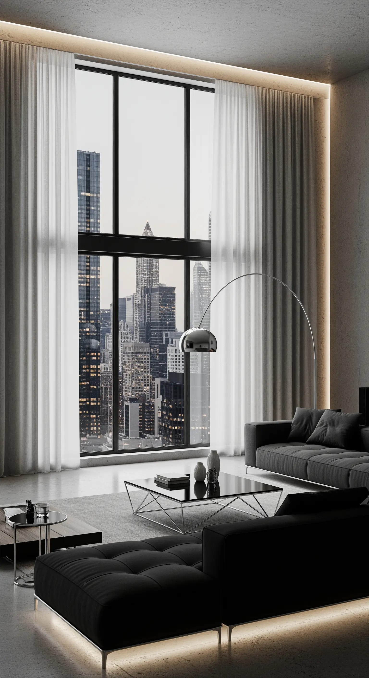 Salotto moderno con vista sulla città, divani neri e lampada ad arco cromata.