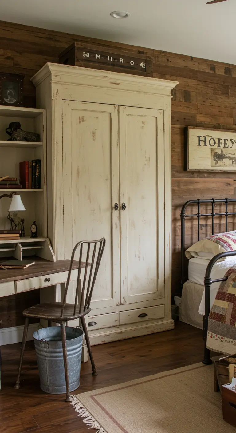 Angolo studio in stile rustico con secretaire e armadio bianchi dall'effetto anticato.