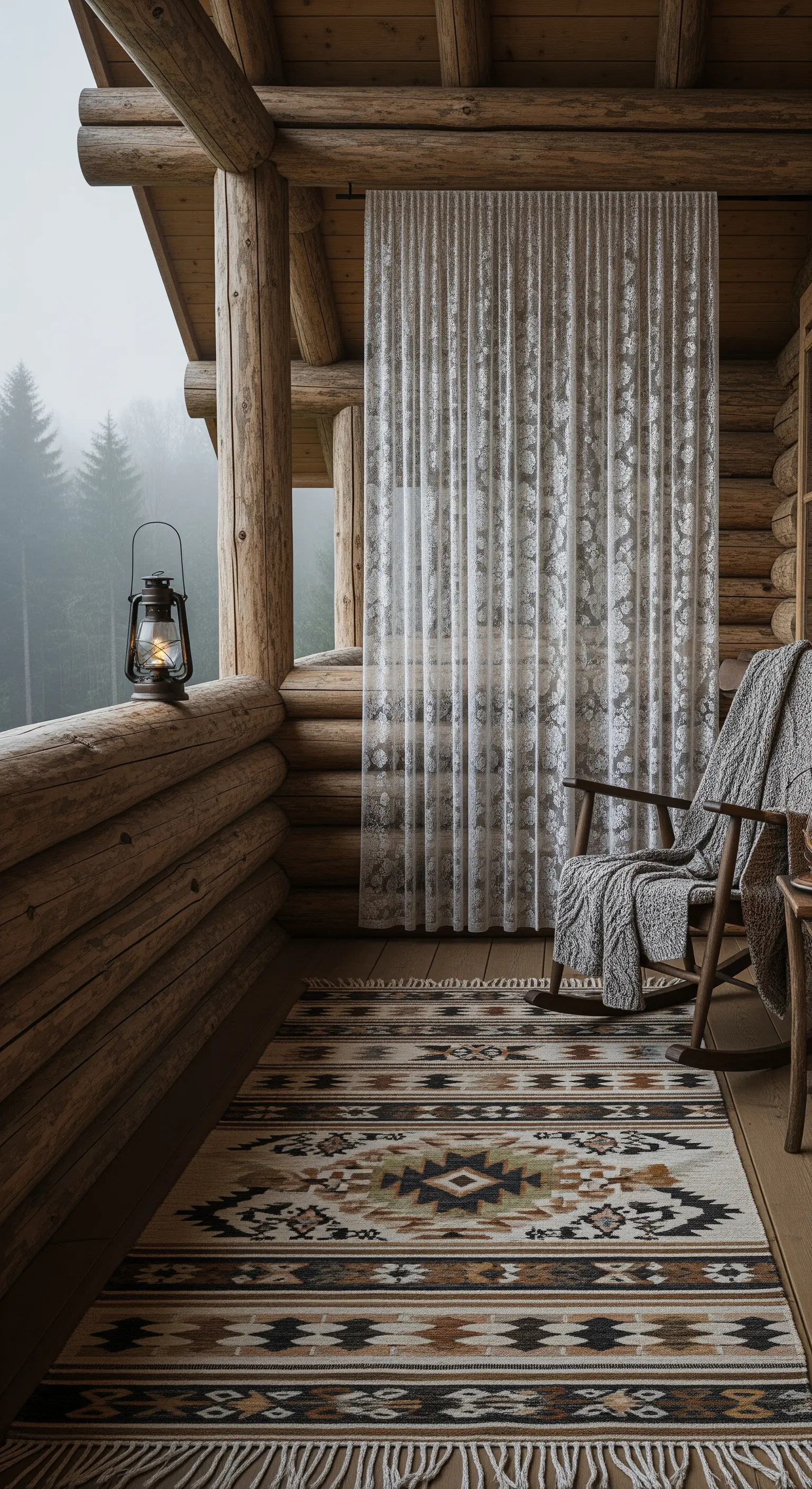 Balcone di una baita in legno con sedia a dondolo, tappeto kilim e tenda in pizzo.