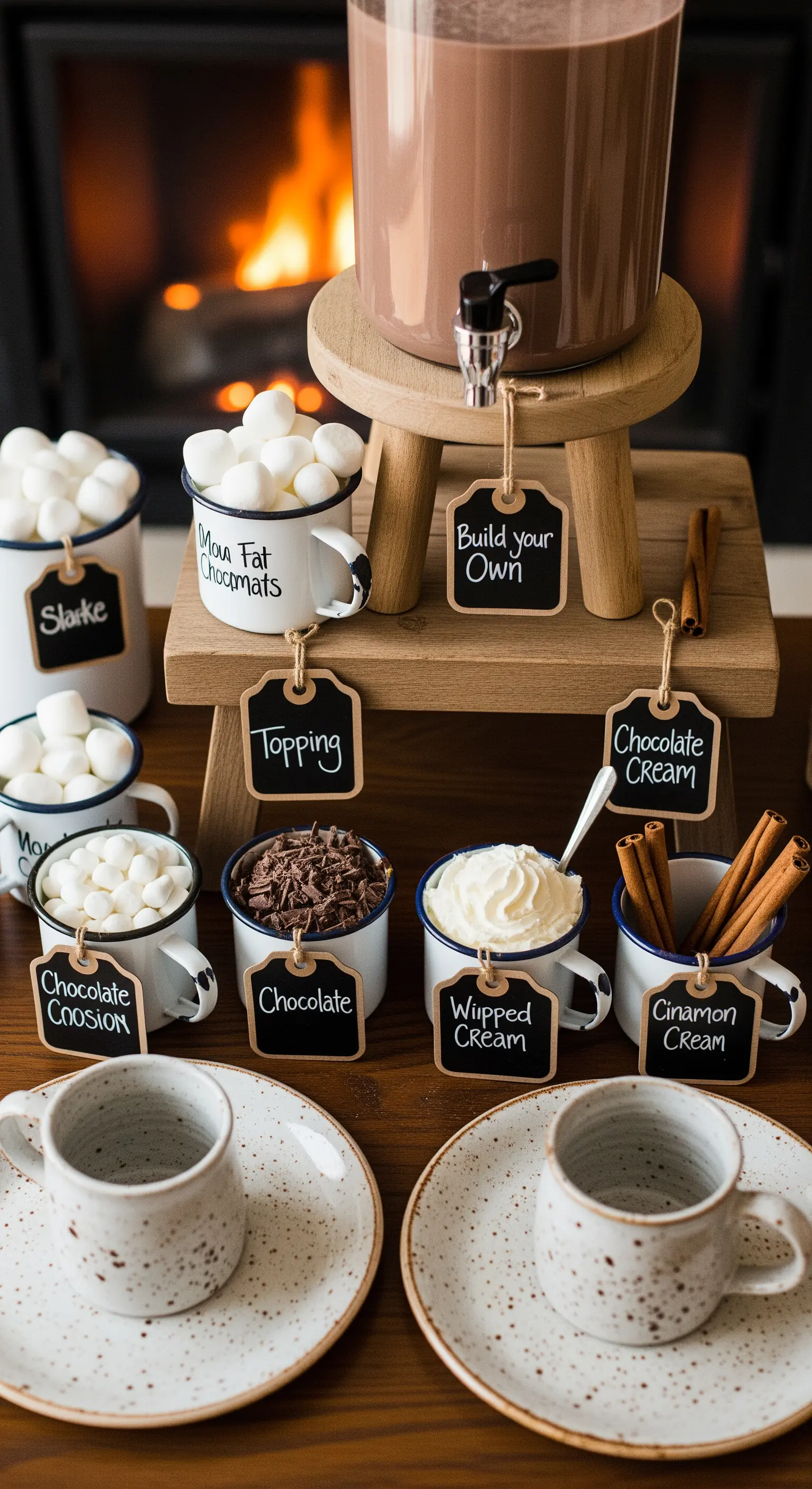 Angolo per cioccolata calda con dispenser, tazze per i topping e lavagnette come etichette.