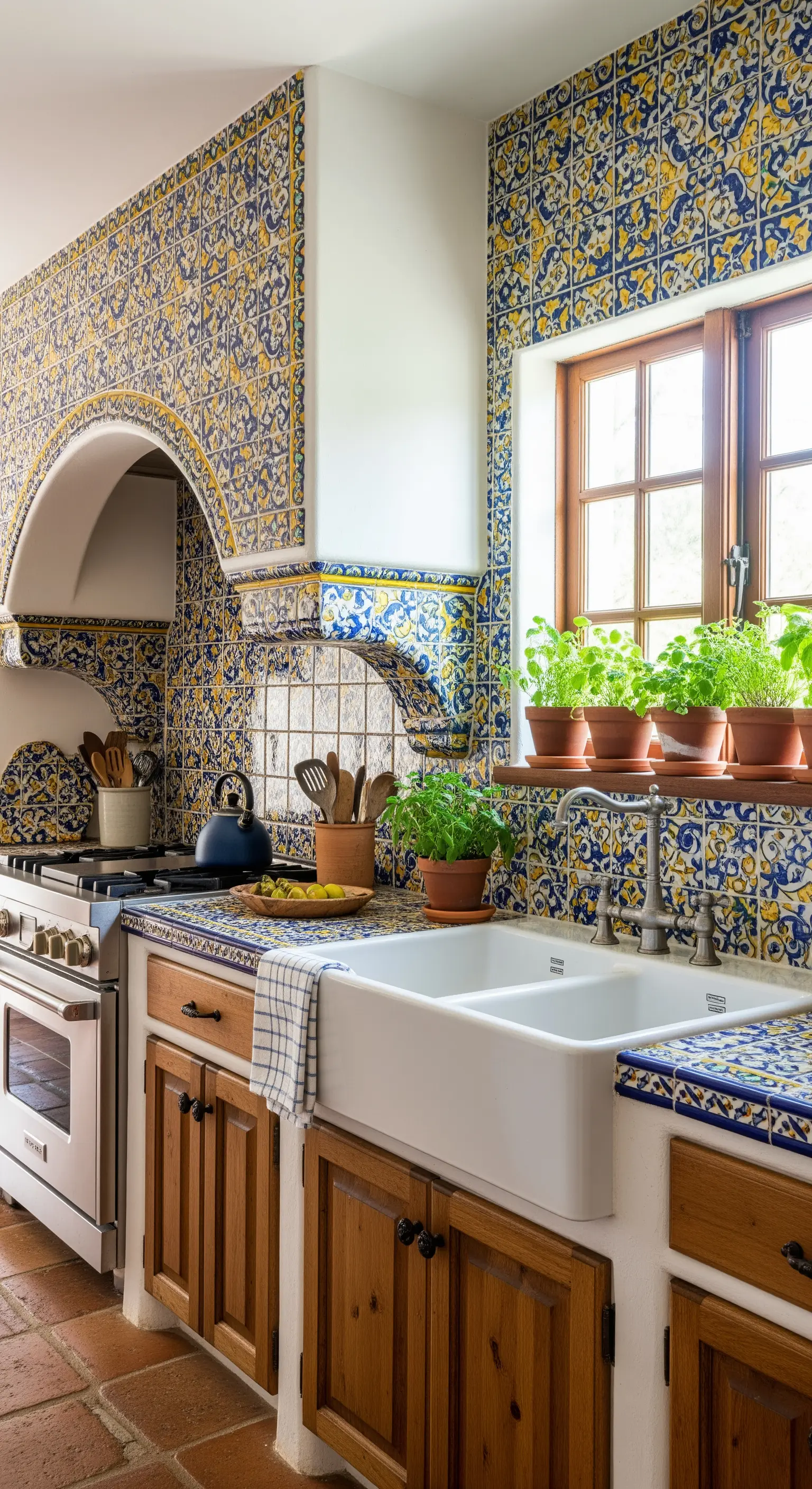 Cucina in stile mediterraneo completamente rivestita di piastrelle blu e gialle.