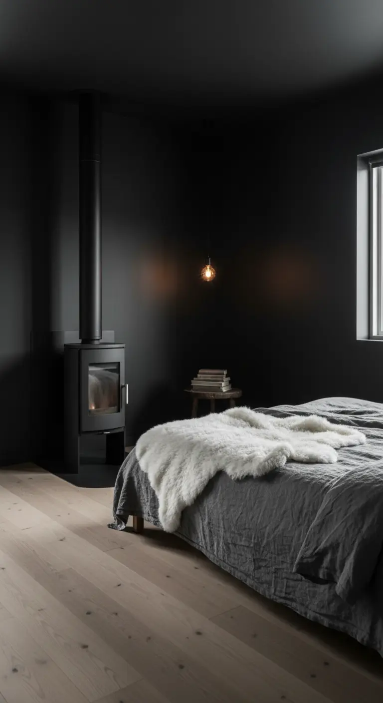 Camera da letto minimalista completamente nera con stufa nera e pavimento in legno chiaro.