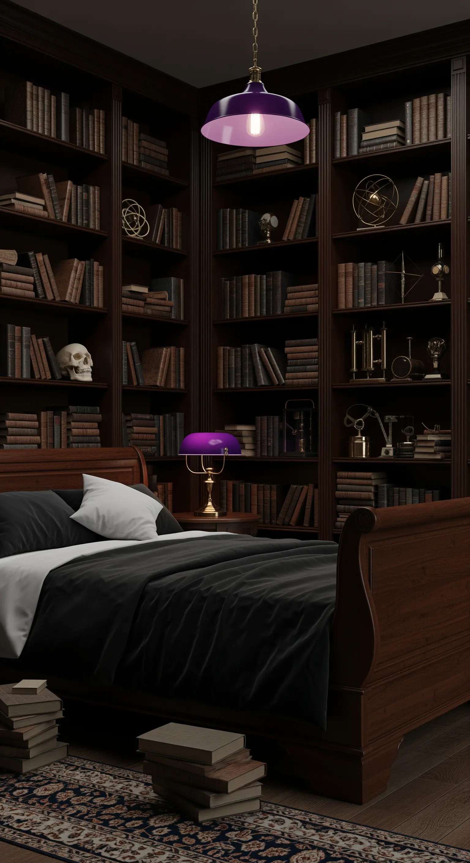 Camera da letto stile dark academia con librerie, teschio e lampade viola.