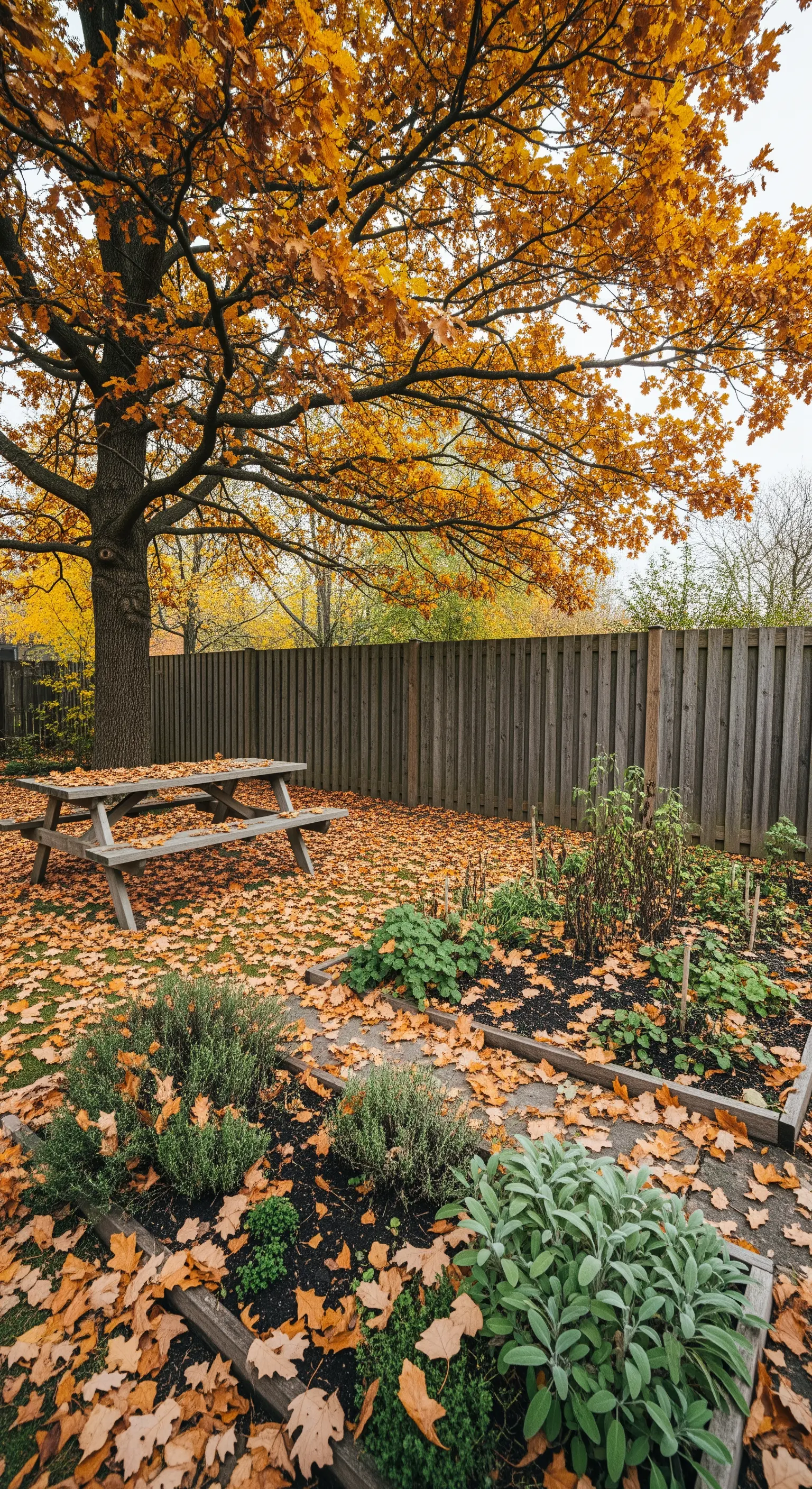Giardino in autunno con aiuole di erbe aromatiche e un tavolo coperti di foglie secche.