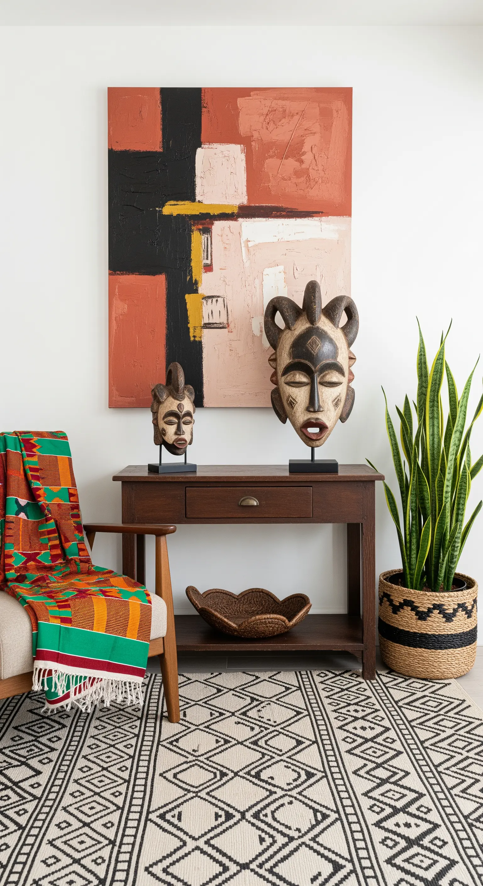 Consolle con maschere africane, quadro astratto nei toni della terra e poltrona con telo kente.