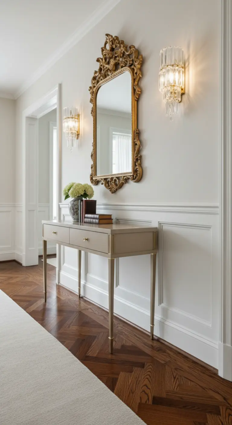 Consolle beige con specchio barocco dorato e applique in cristallo su parquet scuro a spina di pesce.