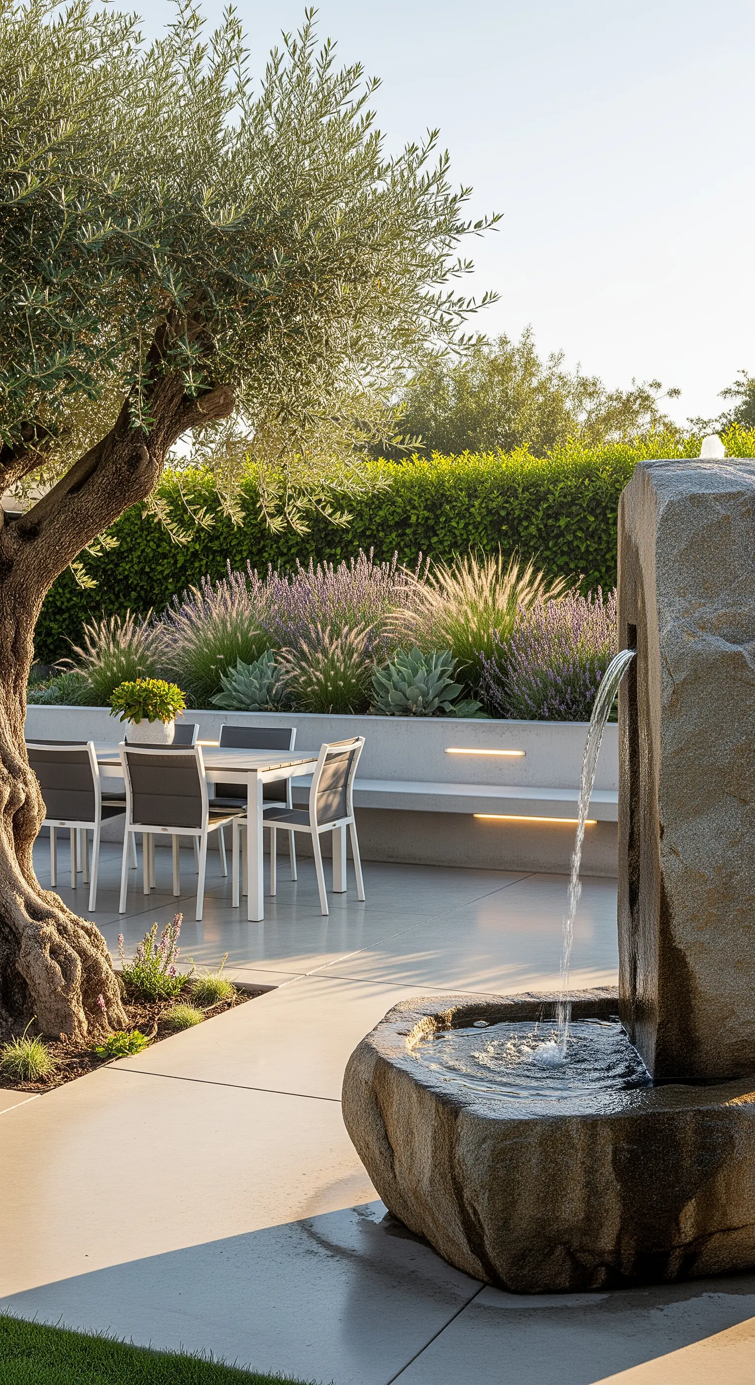 Fontana moderna in pietra grezza su un patio in cemento, con illuminazione a LED integrata.
