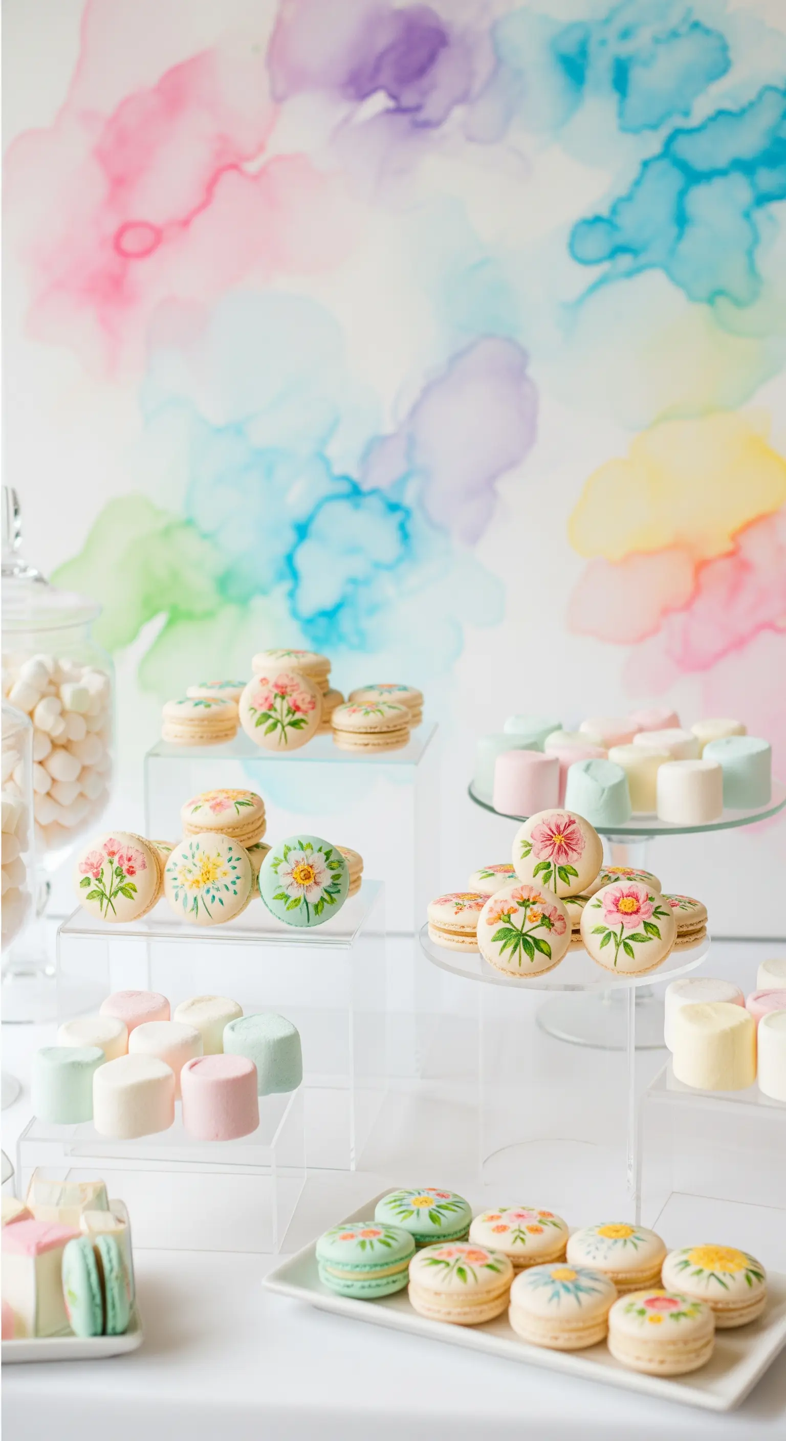Macarons dipinti a mano con motivi floreali davanti a uno sfondo astratto ad acquerello.